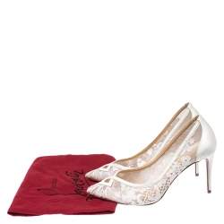 Pre Owned Christian Louboutin White Satin and Lace Neoalto Pointed Toe Pumps Size 38