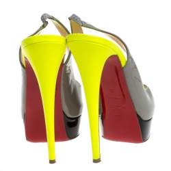 Pre Owned Christian Louboutin Colorblock Patent Leather Lady Peep Toe Platform Slingback Sandals Size 38