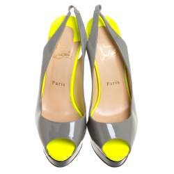 Pre Owned Christian Louboutin Colorblock Patent Leather Lady Peep Toe Platform Slingback Sandals Size 38