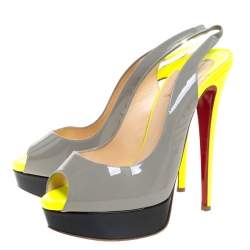 Pre Owned Christian Louboutin Colorblock Patent Leather Lady Peep Toe Platform Slingback Sandals Size 38