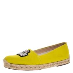 مملوكة مسبقًا Christian Louboutin Yellow Canvas Gala Embroidered Crest Espadrille Loafers Side 38