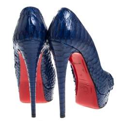 Pre Owned حذاء كعب عالي كريستيان لوبوتان ليدي بيب جلد ثعبان ازرق مقاس 37