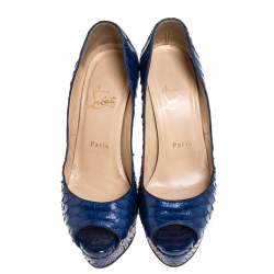 Pre Owned حذاء كعب عالي كريستيان لوبوتان ليدي بيب جلد ثعبان ازرق مقاس 37