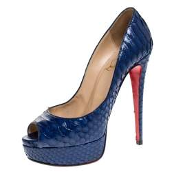 Pre Owned حذاء كعب عالي كريستيان لوبوتان ليدي بيب جلد ثعبان ازرق مقاس 37