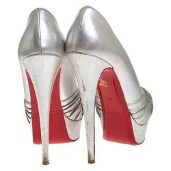 Pre Owned Christian Louboutin Silver Leather Criss Cross Strap Peep Toe Platform Pumps Size 38
