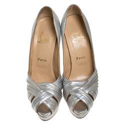 Pre Owned Christian Louboutin Silver Leather Criss Cross Strap Peep Toe Platform Pumps Size 38