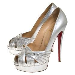 Pre Owned Christian Louboutin Silver Leather Criss Cross Strap Peep Toe Platform Pumps Size 38