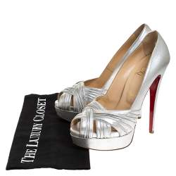 Pre Owned Christian Louboutin Silver Leather Criss Cross Strap Peep Toe Platform Pumps Size 38