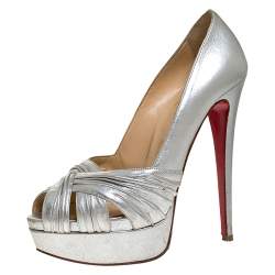 Pre Owned Christian Louboutin Silver Leather Criss Cross Strap Peep Toe Platform Pumps Size 38