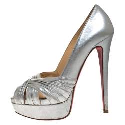 Pre Owned Christian Louboutin Silver Leather Criss Cross Strap Peep Toe Platform Pumps Size 38