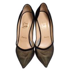 Pre Owned حذاء كعب عالي كريستيان لوبوتان مقدمة مدببة شبك وسويدى أسود مقاس 37