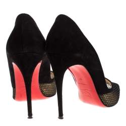 Pre Owned حذاء كعب عالي كريستيان لوبوتان مقدمة مدببة شبك وسويدى أسود مقاس 37