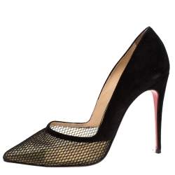 Pre Owned حذاء كعب عالي كريستيان لوبوتان مقدمة مدببة شبك وسويدى أسود مقاس 37