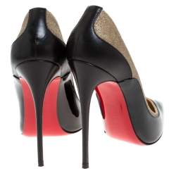 Pre Owned Christian Louboutin Black/Beige Glitter and Patent Leather Tucsick Pumps Size 37