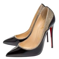 Pre Owned Christian Louboutin Black/Beige Glitter and Patent Leather Tucsick Pumps Size 37