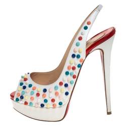 Christian Louboutin White Leather Lady Peep Multicolor Spikes Slingback Sandals Size 38