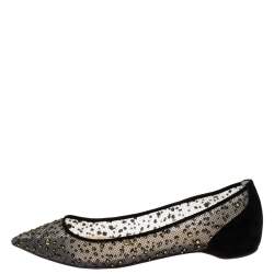 Pre Owned Christian Louboutin Black Mesh And Suede Follies Strass Ballet Flats Size 36