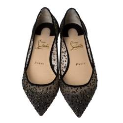 Pre Owned Christian Louboutin Black Mesh And Suede Follies Strass Ballet Flats Size 36