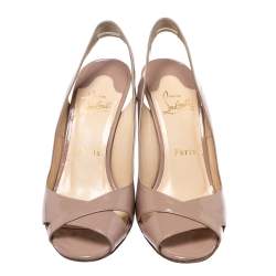 Pre Owned Christian Louboutin Beige Patent Leather Peep Toe Marpoil Sanzep Wedge Sandals Size 38
