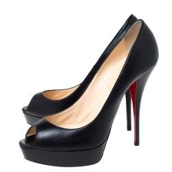 Pre Owned Christian Louboutin Black Leather Lady Peep Toe Platform Pumps Size 41
