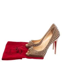 مملوكة مسبقًا حذاء كعب عالي كريستيان لوبوتان "يولاندا" سبايك مقدمة مفتوحة جلد بيج مقاس 38