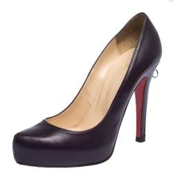 Pre Owned Christian Louboutin Dark Plum Leather Zipper Heel Platform Pumps Size 36.5