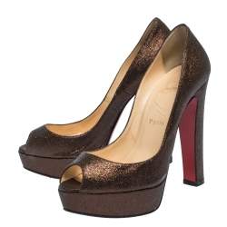 Pre Owned Christian Louboutin Bronze Glitter Bambou Peep Toe Platform Pumps Size 37.5