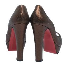 Pre Owned Christian Louboutin Bronze Glitter Bambou Peep Toe Platform Pumps Size 37.5