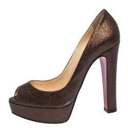 Pre Owned Christian Louboutin Bronze Glitter Bambou Peep Toe Platform Pumps Size 37.5