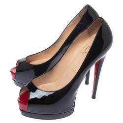مملوكة مسبقًا Christian Louboutin Black Patent Leather Palais Royal Peep Toe Platform Pumps Size 38.5