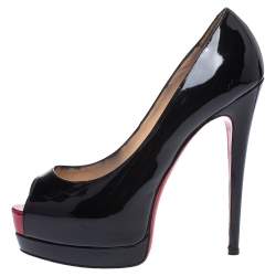 مملوكة مسبقًا Christian Louboutin Black Patent Leather Palais Royal Peep Toe Platform Pumps Size 38.5