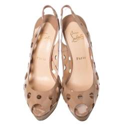 Christian Louboutin Beige Patent Leather Ginza Platform Slingback Sandals Size 39