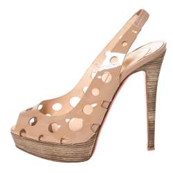 Christian Louboutin Beige Patent Leather Ginza Platform Slingback Sandals Size 39
