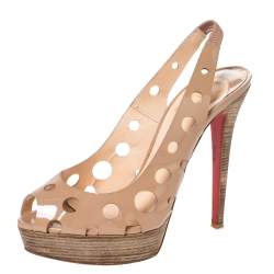 Christian Louboutin Beige Patent Leather Ginza Platform Slingback Sandals Size 39