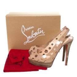 Christian Louboutin Beige Patent Leather Ginza Platform Slingback Sandals Size 39