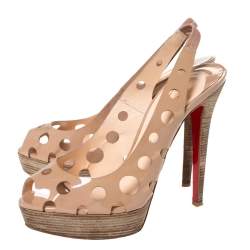 Christian Louboutin Beige Patent Leather Ginza Platform Slingback Sandals Size 39