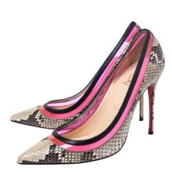 Pre Owned Christian Louboutin Beige/Black Python/Leather and PVC Paulina Pointed Toe Pumps Size 39