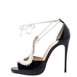 مملوكة مسبقًا صندل كريستيان لوبوتان أوبريسيما جلد لامع أبيض/ أسود مقاس 36.5