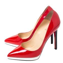Pre Owned Christian Louboutin Cherry Red/White Patent Leather Decollete Platform Pointed Toe Pumps Size 36.5