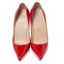 Pre Owned Christian Louboutin Cherry Red/White Patent Leather Decollete Platform Pointed Toe Pumps Size 36.5