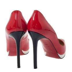 Pre Owned Christian Louboutin Cherry Red/White Patent Leather Decollete Platform Pointed Toe Pumps Size 36.5