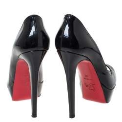 Pre Owned Christian Louboutin Black Patent Leather Lady Peep Toe Platform Pumps Size 37