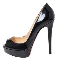 Pre Owned Christian Louboutin Black Patent Leather Lady Peep Toe Platform Pumps Size 37