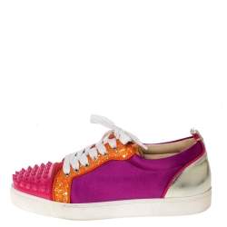 Pre Owned Christian Louboutin Multicolor Satin And Patent Leather Louis Junior Spikes Sneakers Size 39
