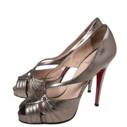 Pre Owned Christian Louboutin Bronze Leather Scissor Girl Peep Toe Pumps Size 39.5