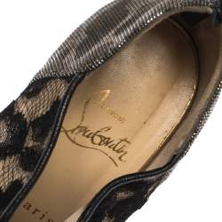 Christian Louboutin Black Leopard Print Lamé Fabric and Patent Leather Aeronotoc Peep Toe Platform Booties Size 38