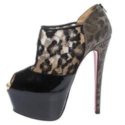 Christian Louboutin Black Leopard Print Lamé Fabric and Patent Leather Aeronotoc Peep Toe Platform Booties Size 38