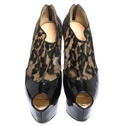 Christian Louboutin Black Leopard Print Lamé Fabric and Patent Leather Aeronotoc Peep Toe Platform Booties Size 38