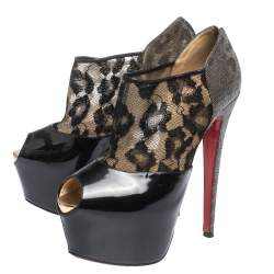 Christian Louboutin Black Leopard Print Lamé Fabric and Patent Leather Aeronotoc Peep Toe Platform Booties Size 38