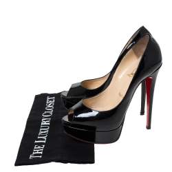 Pre Owned Christian Louboutin Black Patent Leather Lady Peep Toe Platform Pumps Size 36